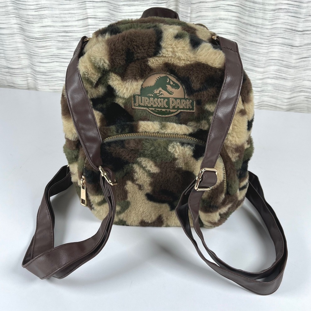 Jurassic Park Mini Backpack‎ Camouflage Faux Fur Green Brown Gold Zipper Small